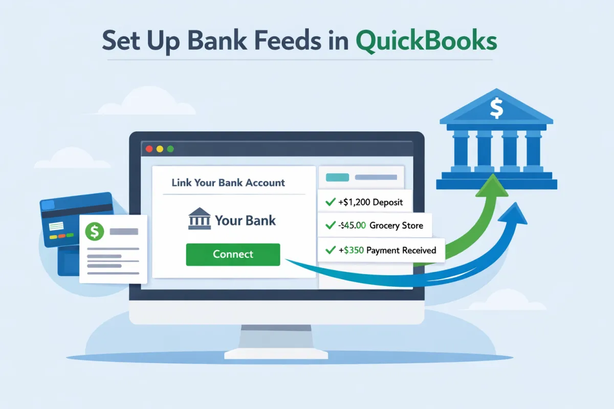 A clean, modern flat-design illustration for an article titled “Set Up Bank Feeds in QuickBooks,” showing a computer screen with a QuickBooks-style interface linking to a bank, represented by a bank building icon connected with flowing lines or arrows, alongside icons for bank cards or statements and a live-updating transaction list, in a static 600px by 400px 2D style with green, blue, and neutral colors and no animation or characters.
