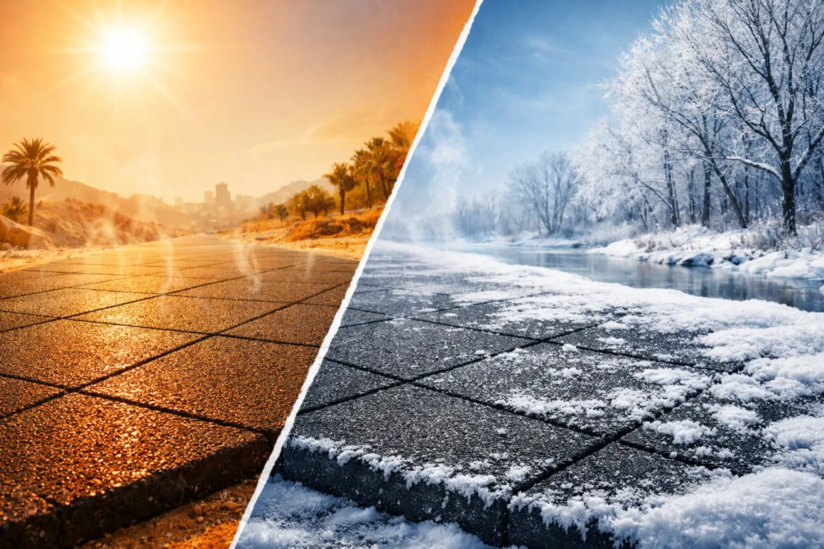 Rubber paving surface performing in extreme temperatures, showing durability in intense summer heat and freezing winter conditions.