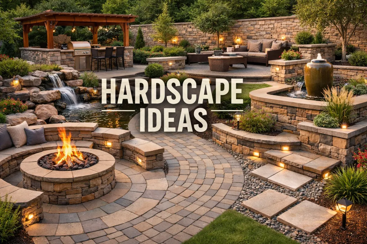 Modern backyard hardscape design featuring a stone fire pit, paver patio, outdoor kitchen pergola, water feature, retaining walls, and landscape lighting.