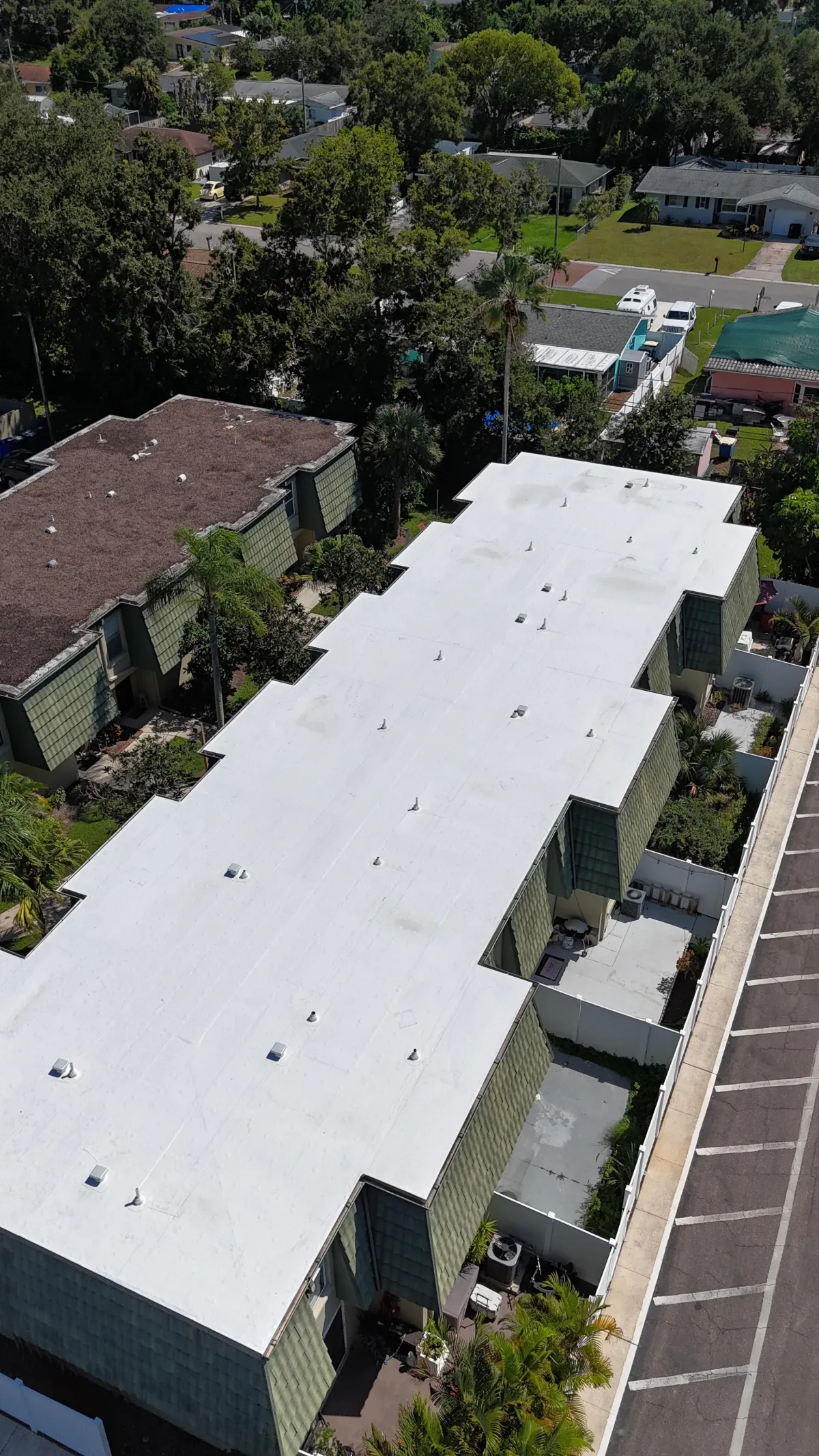 Overhead shot of TPO Roof Installation at Fountain Square Condominiums in Clearwater, FL by Team Armored Roofing