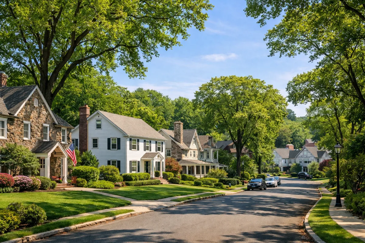 Tree-lined residential street in Tenafly, New Jersey, featuring well-maintained suburban homes and a peaceful neighborhood setting.