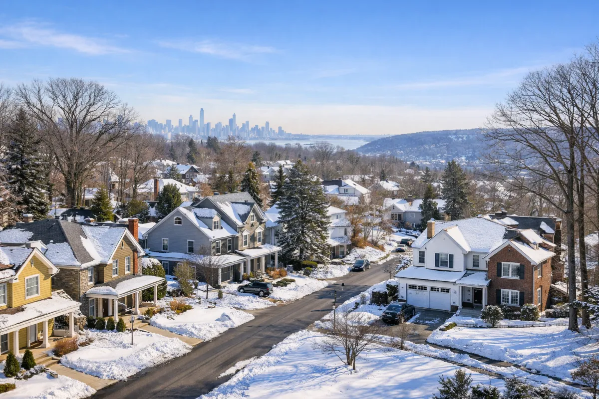 Aerial winter view of Tenafly, New Jersey residential homes with snow-covered streets and the Manhattan skyline in the distance