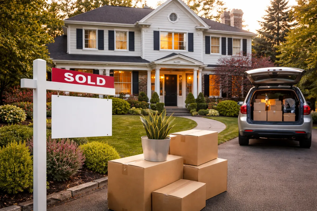 A colonial-style home in Tenafly, New Jersey at sunset with a "SOLD" sign in the front yard, surrounded by moving boxes and a packed SUV, symbolizing a homeowner relocating.