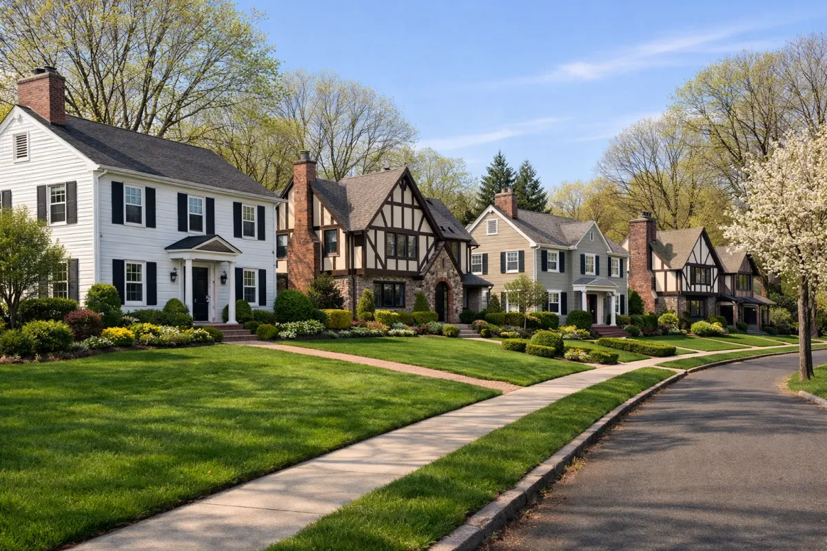Upscale suburban street in Tenafly, New Jersey, lined with well-kept Colonial and Tudor-style homes featuring symmetrical facades, brick chimneys, and manicured lawns. Early spring trees with fresh green foliage frame a quiet, sunlit sidewalk and roadway, with no cars or people visible.