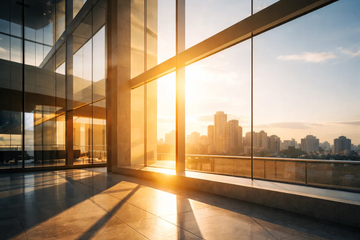 Sunlight through a modern glass office overlooking a city.