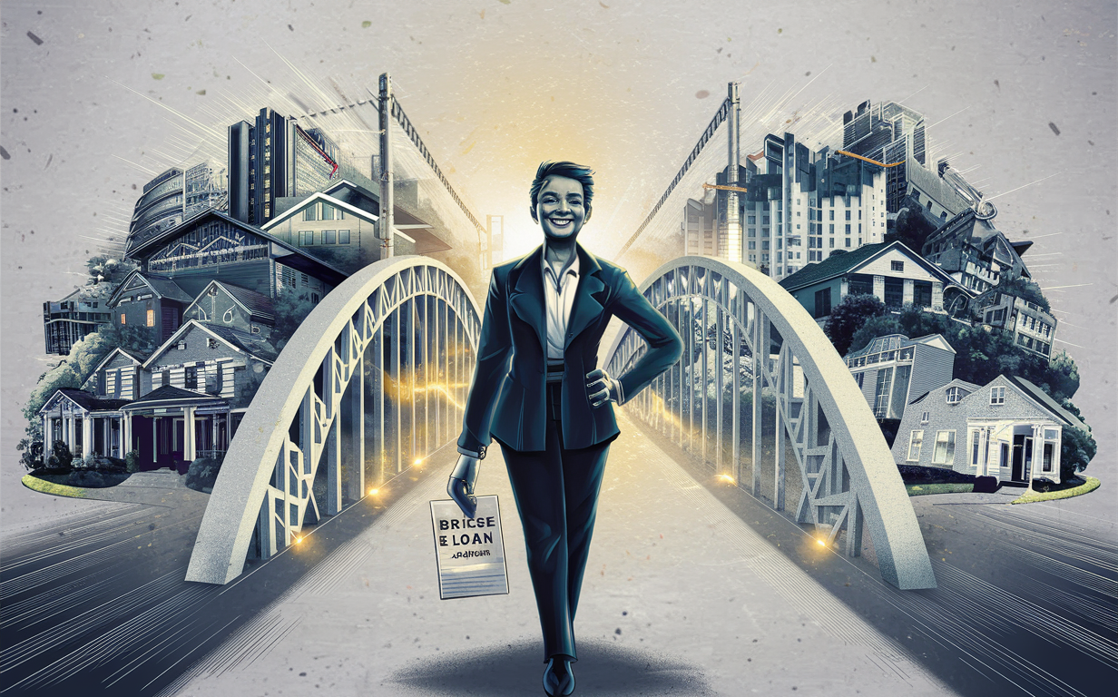 An illustration of a successful real estate investor standing confidently with a portfolio of properties and cash from bridge loans behind him.