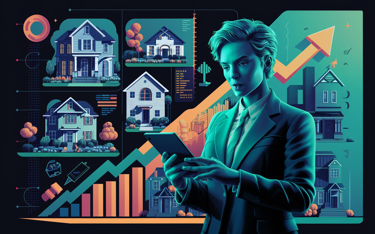 An illustration of a businessman using a tablet to manage a real estate portfolio, standing in front of a large residential property with a strategic fix and flip investment approach