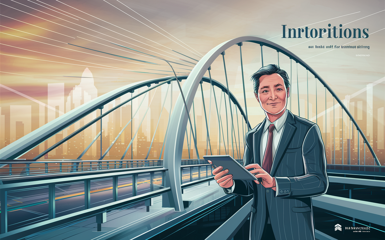 An illustration of a business professional wearing a suit and tie standing on a bridge overlooking a city skyline at sunset, using a tablet computer, with the text 'Inrtoritions' displayed