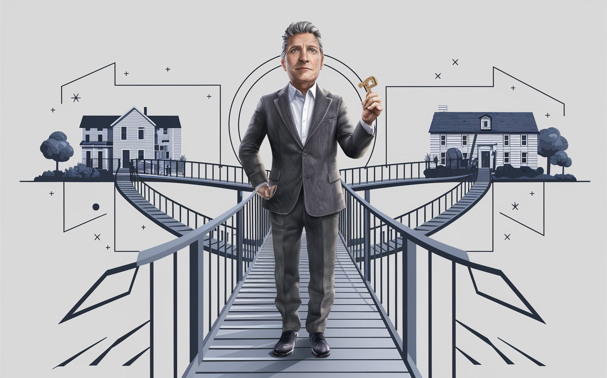 An illustration of a real estate broker standing on a bridge connecting two residential properties, symbolizing bridge loans that facilitate real estate transitions.
