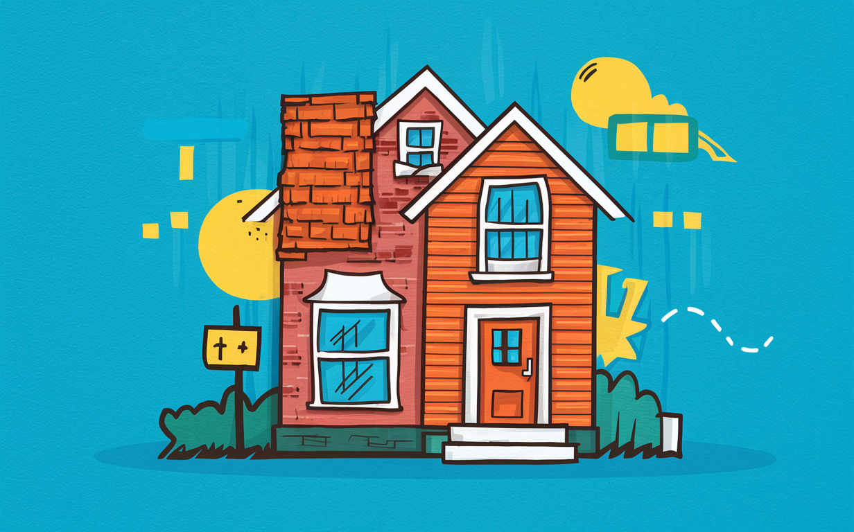 An illustration showing people carrying signs with no symbols, standing in front of a house, representing swift funding solutions for fix and flip real estate investments