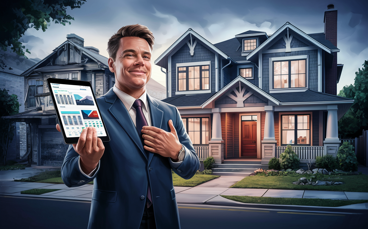 A real estate professional in a suit standing in front of a renovated house, holding a tablet displaying fix and flip loan analytics, offering tailored financing solutions for real estate investments.