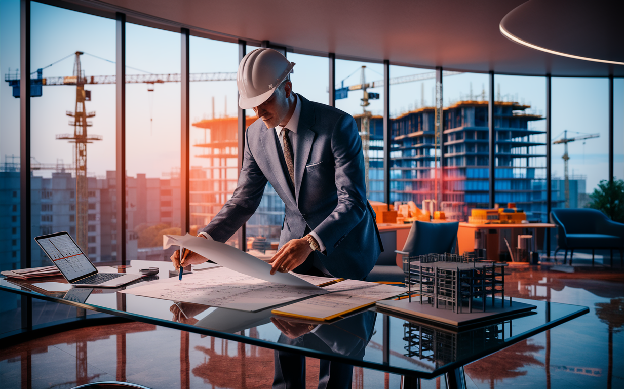 An image depicting a construction site with workers, a construction manager shaking hands with a businessman, and a computer showing financial data, illustrating the process of contractor due diligence and qualification for financing construction projects.