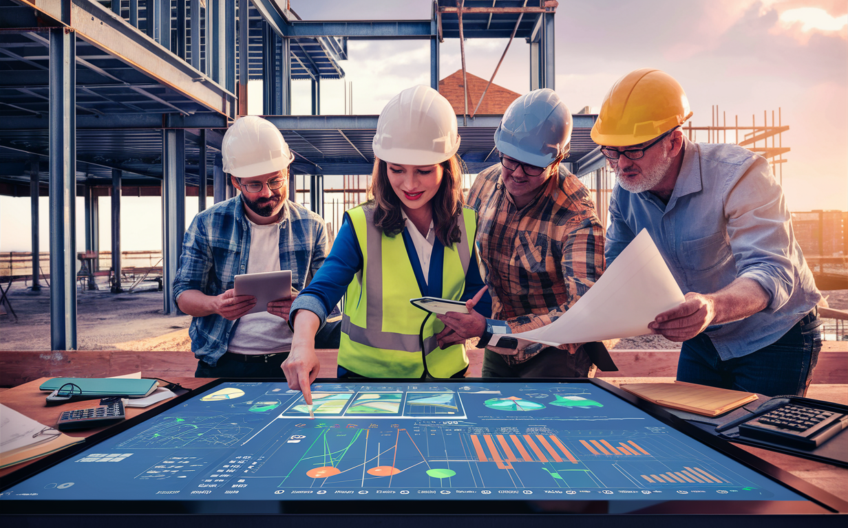 A group of construction professionals reviewing plans and cost data on a construction site with cranes and a partially built structure in the background.