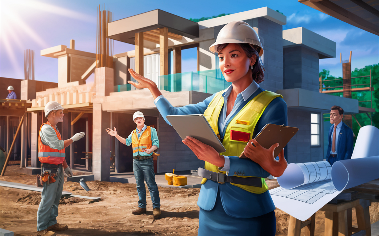 A female construction manager in a hardhat and safety vest inspecting a residential construction site, reviewing plans with workers and a client while new homes are being built in the background.