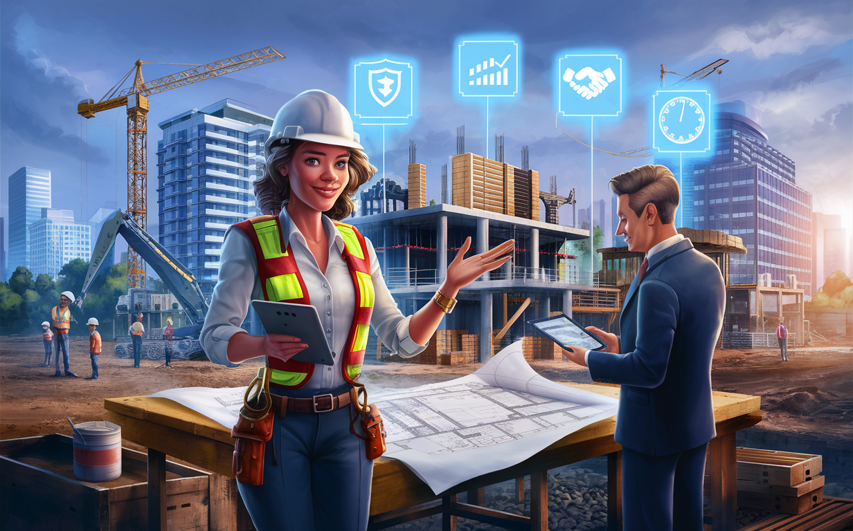 An experienced construction site manager wearing a hardhat and suit stands reviewing digital analytics displays and blueprints while workers operate heavy machinery in the background at a large construction site.