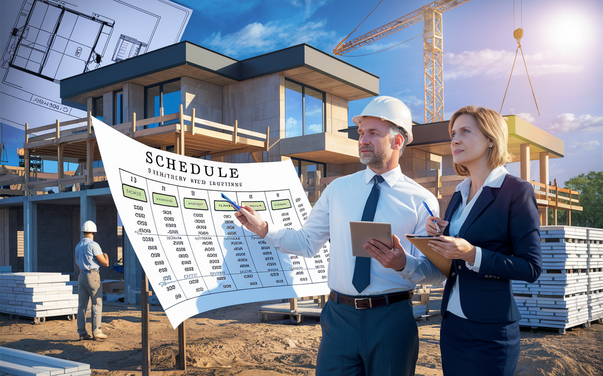 Two professionals, a man and a woman in hard hats, reviewing a large construction schedule and cost chart on a construction site with cranes and buildings in the background.