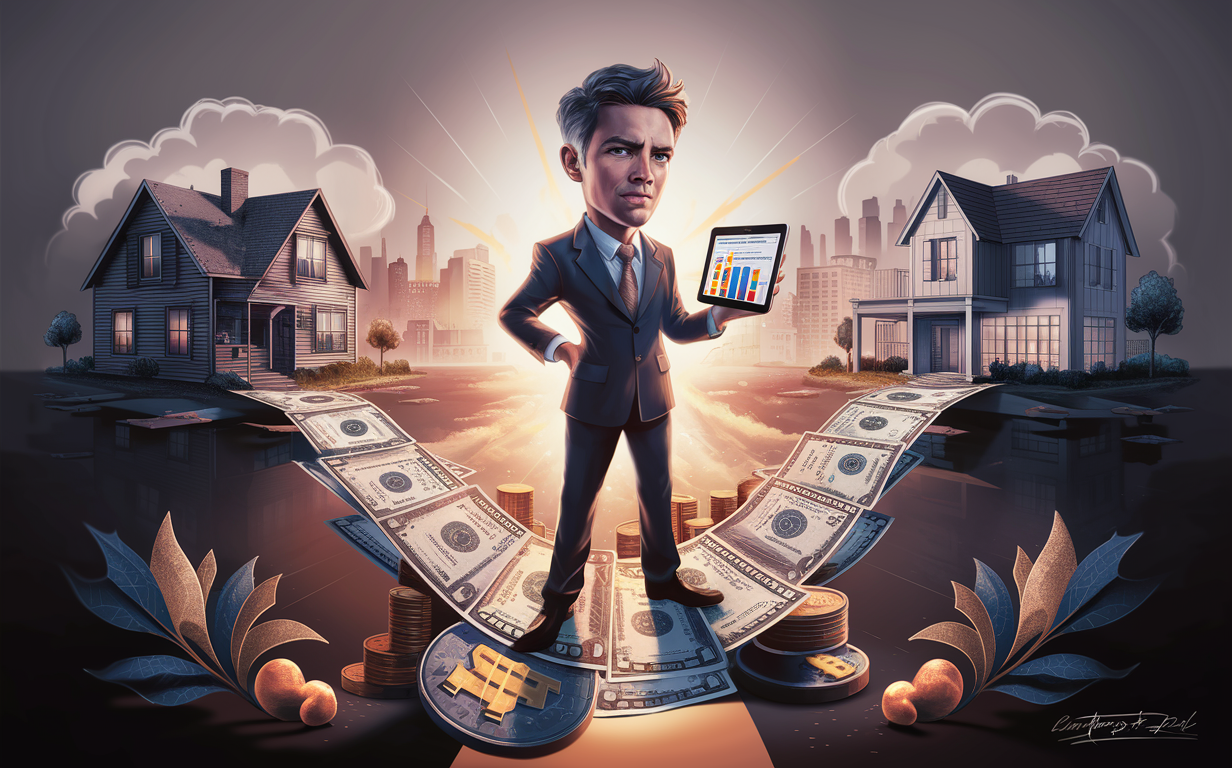An illustration depicting a real estate agent or investor utilizing bridge financing for property investments, surrounded by houses, cash flow charts, and money.