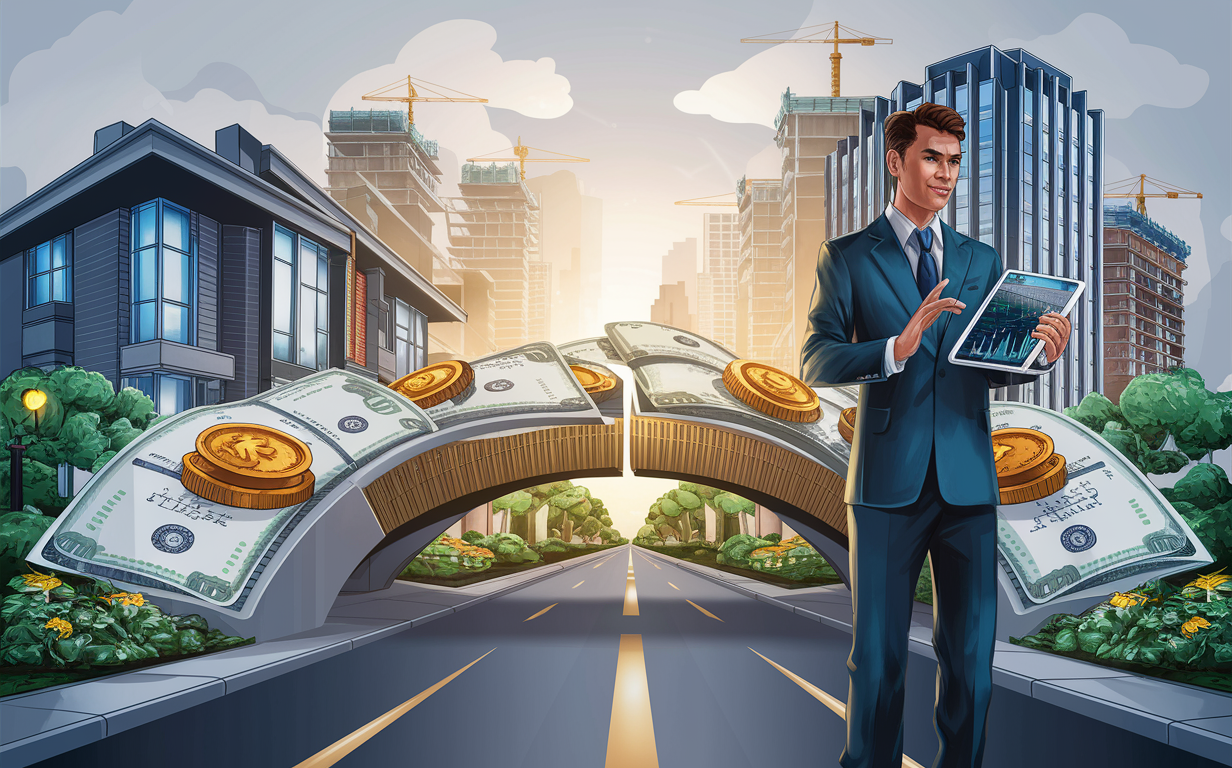 An illustration depicting a businessman standing on a road made of money and gold coins, surrounded by towering buildings and construction cranes, symbolizing the use of bridge loans to access real estate financing and seize investment opportunities.