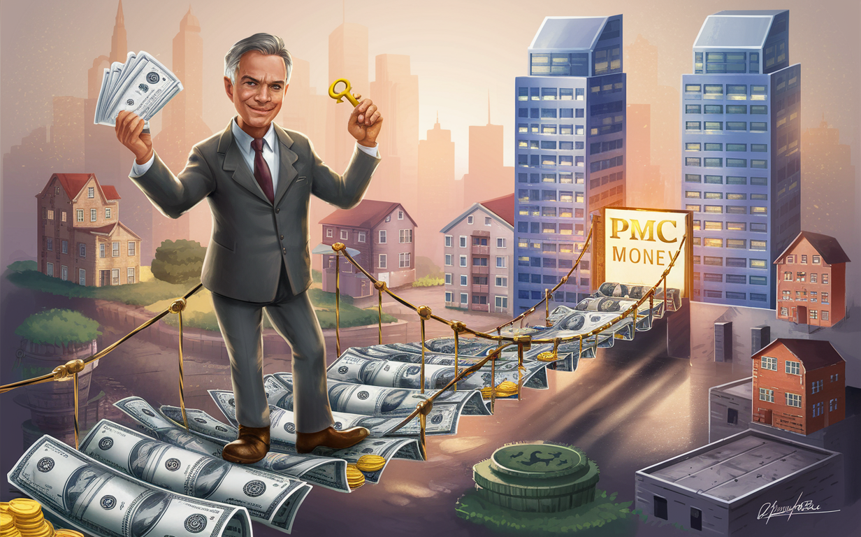 An illustration depicting a businessman juggling golden dollar coins and a key, surrounded by construction cranes and skyscrapers, symbolizing the use of bridge financing to unlock real estate development opportunities.