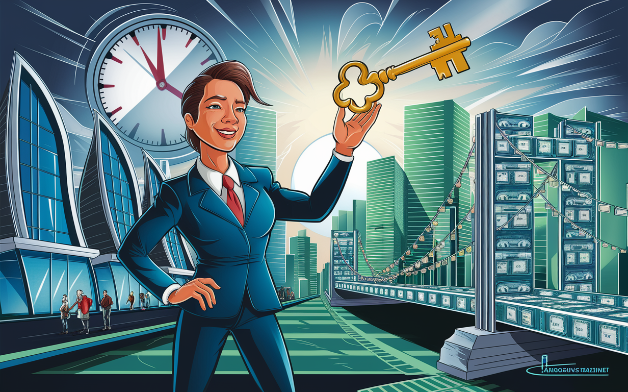 An illustration depicting a businessman managing time and money to seize real estate opportunities using bridge loans, with houses, buildings, clocks, keys, and stacks of cash surrounding him.
