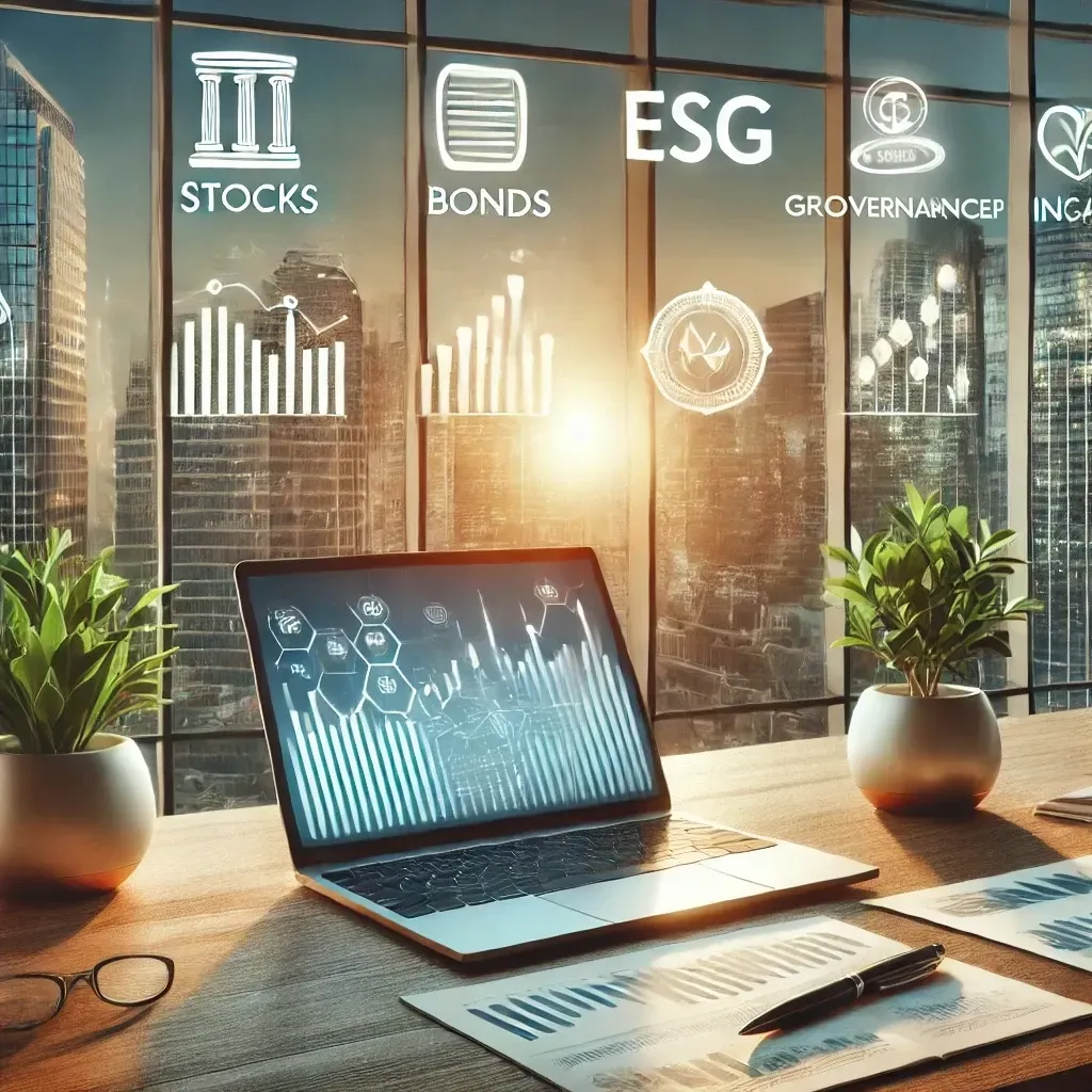 A professional office desk setup with financial documents, a laptop displaying financial charts, and a pen. The background features a city skyline through large windows, conveying a sense of professionalism, trust, and financial growth. Various icons represent investment options like stocks, bonds, ESG (Environmental, Social, Governance), and insurance.