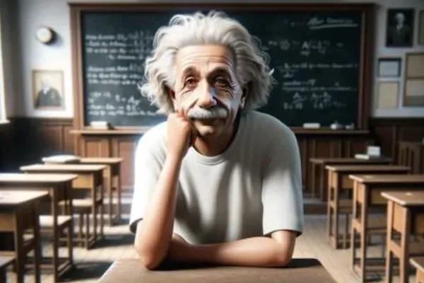 Albert Einstein at a school desk
