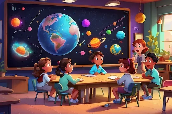 A classroom scene depicting a solution-focused approach to test preparation, with a mnemonic for the planets on the blackboard.