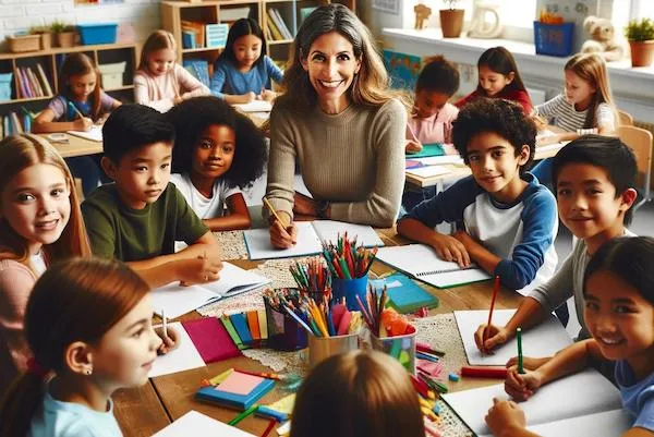 	A teacher and students collaboratively setting goals around a table filled with educational materials in a bright classroom.