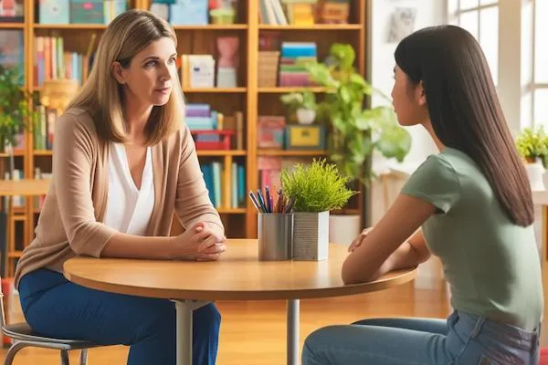 A school counselor using solution-focused techniques with an engaged student.