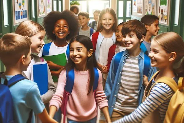 Diverse school children smiling in a school hallway, creating a welcoming environment.