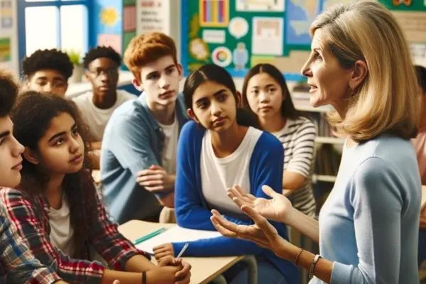 A teacher discussing personal challenges with students in a classroom to foster engagement.