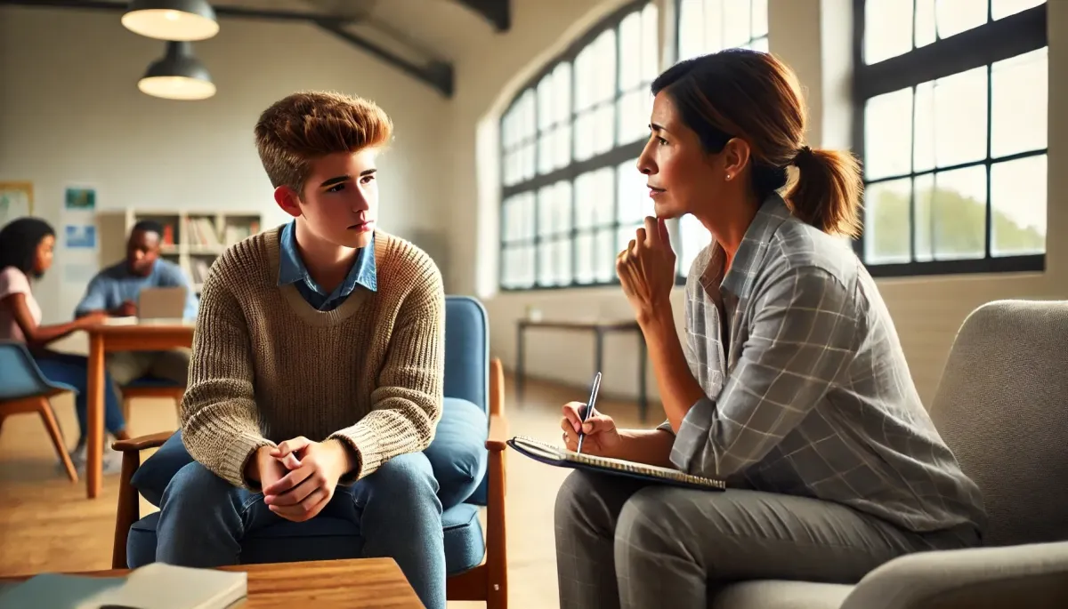 A school counselor listening to a student in a calm and supportive setting, encouraging self-reflection.