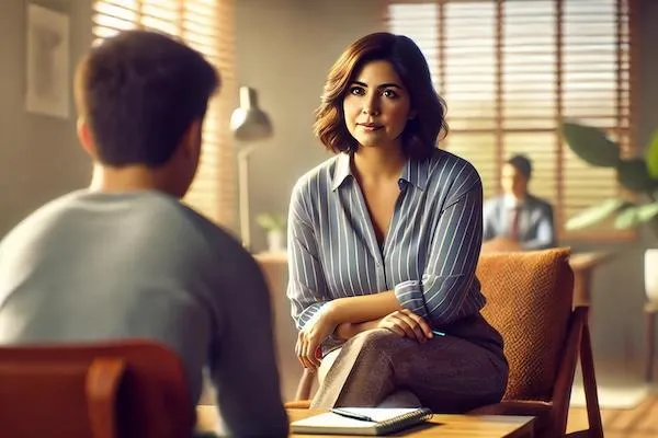 A school counselor and a student in a supportive conversation, with a comfortable, desk-free setting, illustrating solution-focused techniques for addressing trauma and fostering hope.