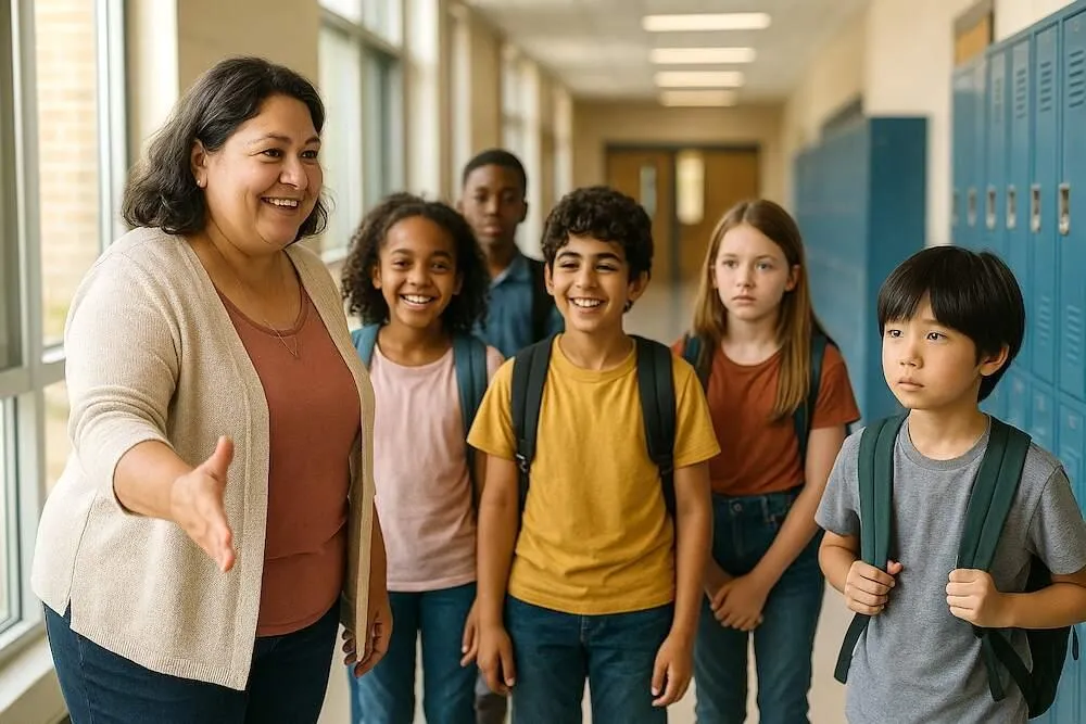 School counselor warmly greeting diverse students in hallway on first day of school