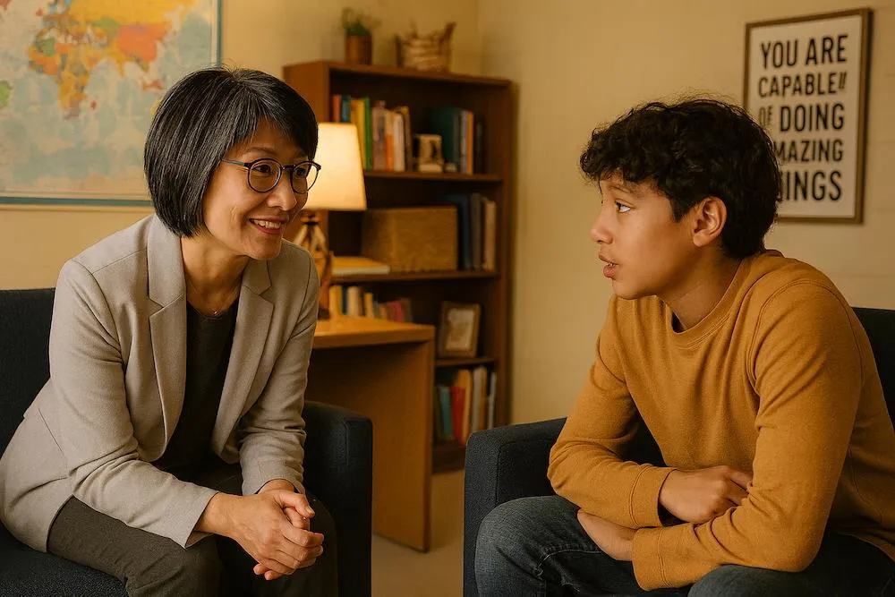 School counselor having meaningful conversation with student in counseling office