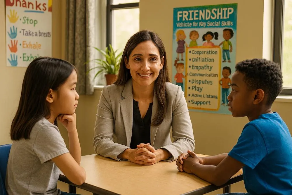 School counselor Marisol Vega facilitating a supportive conversation between two students about friendship challenges in her office