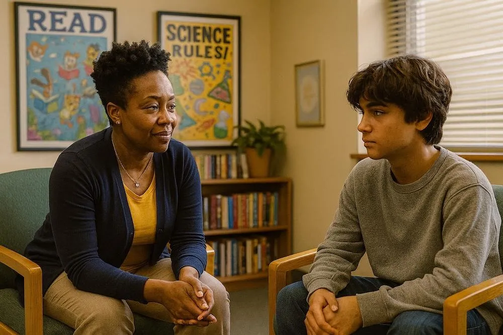 School counselor Danielle Brooks having a supportive conversation with a withdrawn student about school attendance in her office