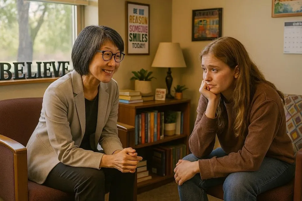 School counselor Naomi Fujiwara providing encouraging support to a discouraged student during mid-semester in her office