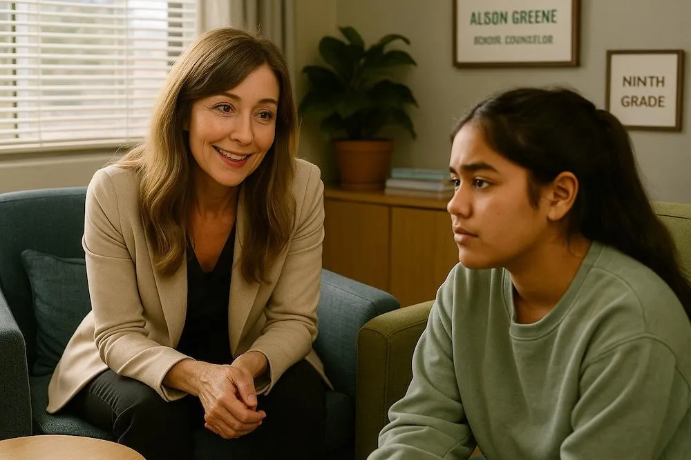 School counselor Alison Greene having a caring conversation with a guarded ninth-grade student in her office