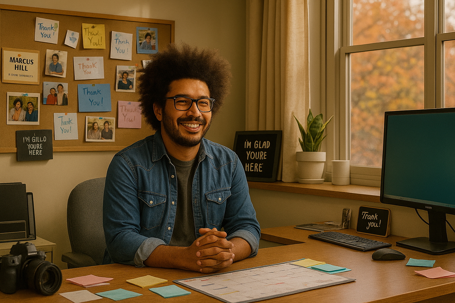 School counselor Marcus Hill taking a reflective moment in his office, appreciating the positive momentum of mid-semester