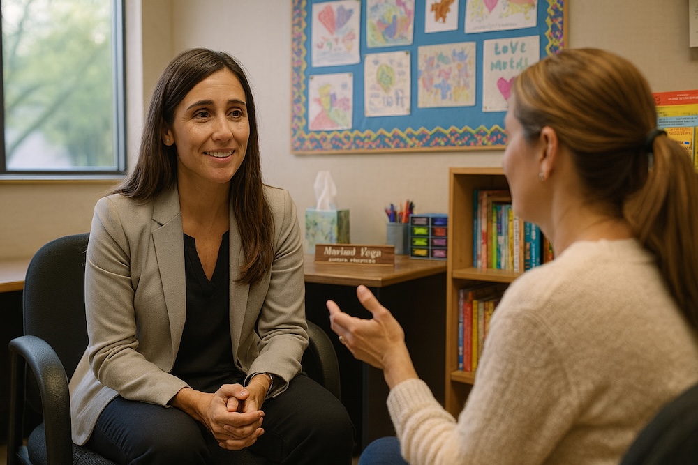 School counselor Marisol Vega having a supportive conversation with a teacher about seeing student strengths and capabilities