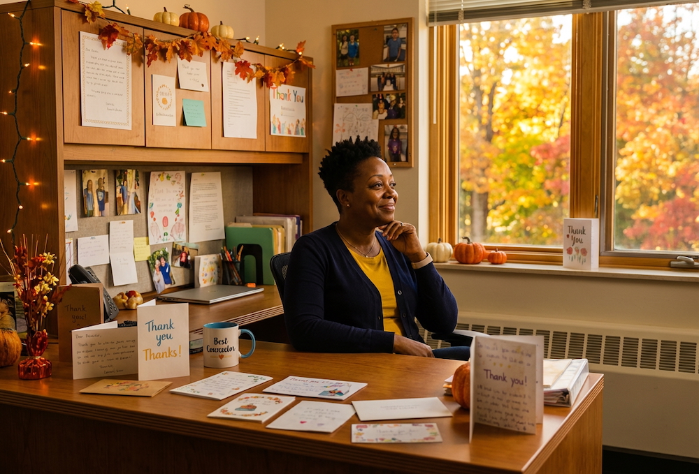 School counselor Danielle Brooks reflecting with gratitude on the meaningful connections and small wins of the fall semester