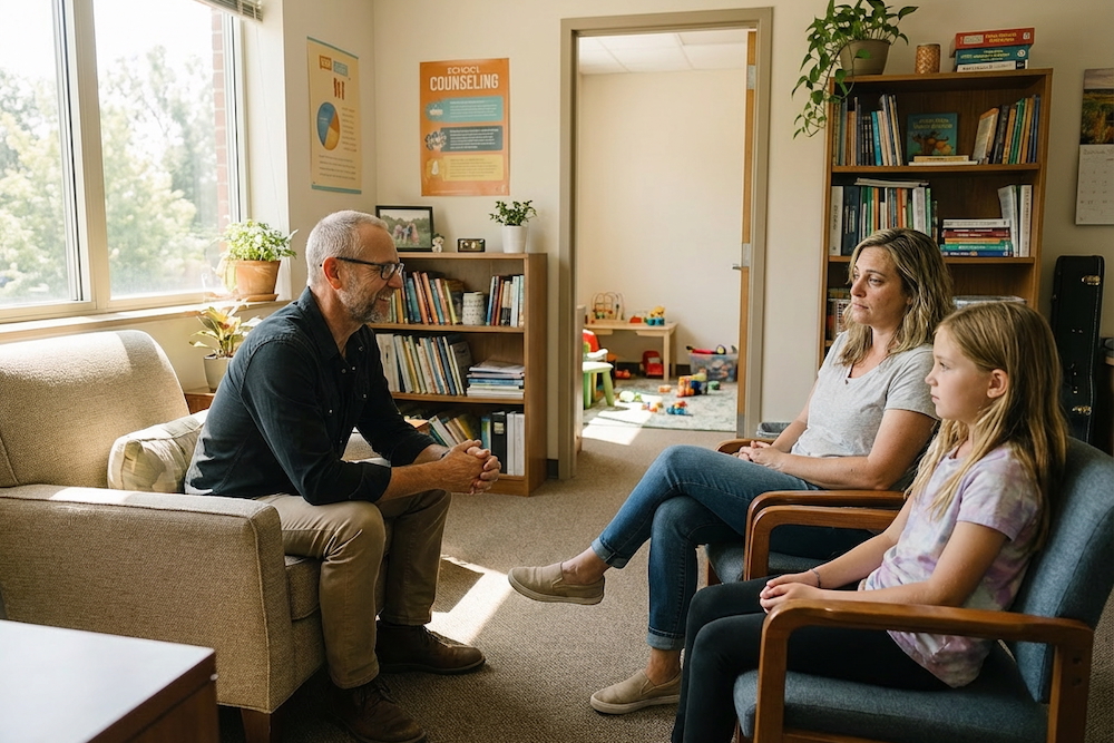 Evan Carter warmly engaging a mother and her ten-year-old daughter in his counseling office, playroom visible in background