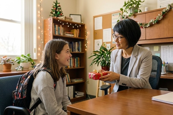 School counselor Naomi Fujiwara having a meaningful holiday season conversation with a student, helping them discover their strengths
