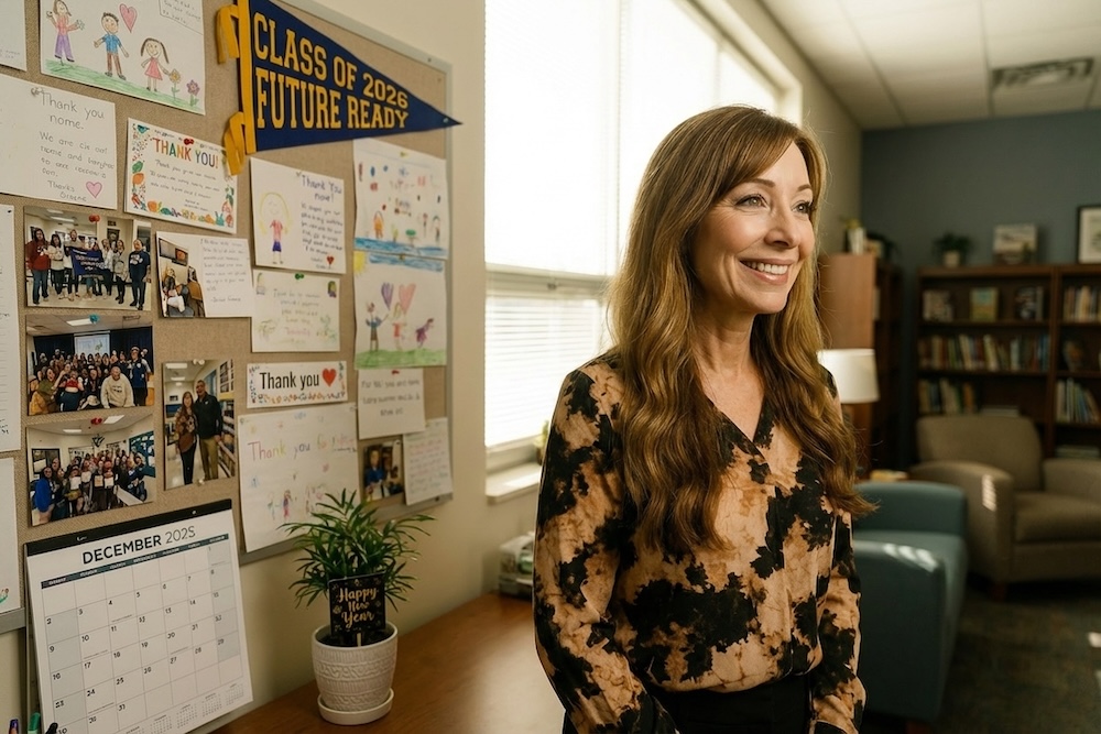 School counselor Alison Greene looking forward with hope and confidence as the new year approaches, surrounded by evidence of meaningful work