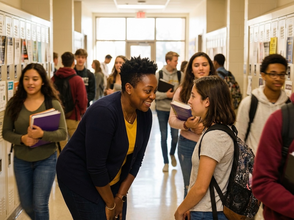 School counselor Danielle Brooks having a brief but meaningful conversation with a student in a busy school hallway
