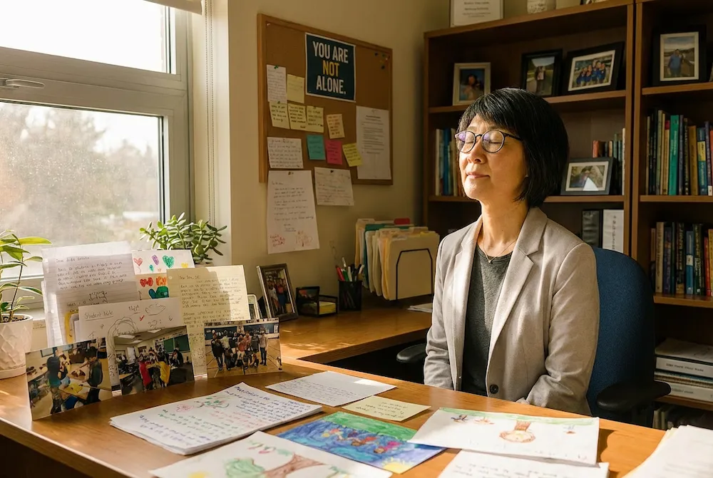 School counselor Naomi Fujiwara in a moment of peaceful reflection, surrounded by evidence of the meaningful difference she makes every day