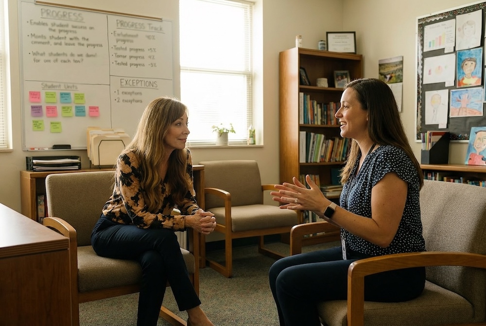 School counselor Alison Greene helping a teacher discover exceptions and moments when a challenging student succeeded