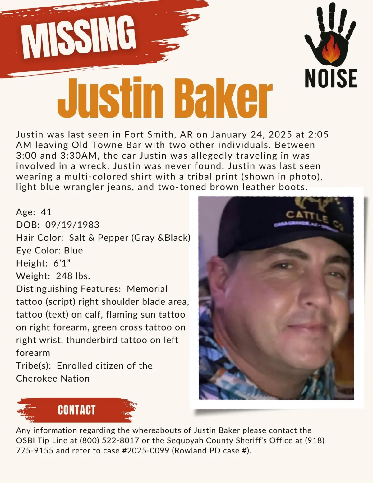 Photo of Justin Dewayne Baker, missing Cherokee Nation citizen and U.S. Army veteran, featured in call for renewed search by NOISE amid national MMIWP crisis.