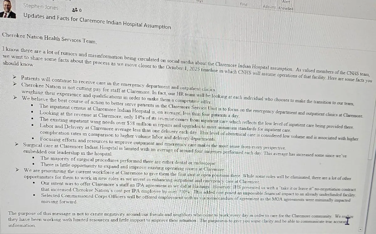 Internal Email Cherokee411 Claremore indian hospital